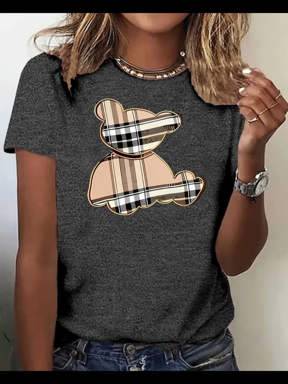 Source Unknown Charcoal Gray Short Sleeve Tee with Plaid Teddy Graphic